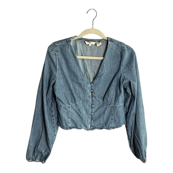 Levi’s Medium Wash Denim Cropped Button Front Top Size Large - Picture 1 of 7